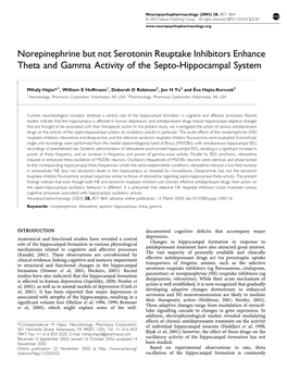 Norepinephrine but Not Serotonin Reuptake Inhibitors Enhance Theta and Gamma Activity of the Septo-Hippocampal System