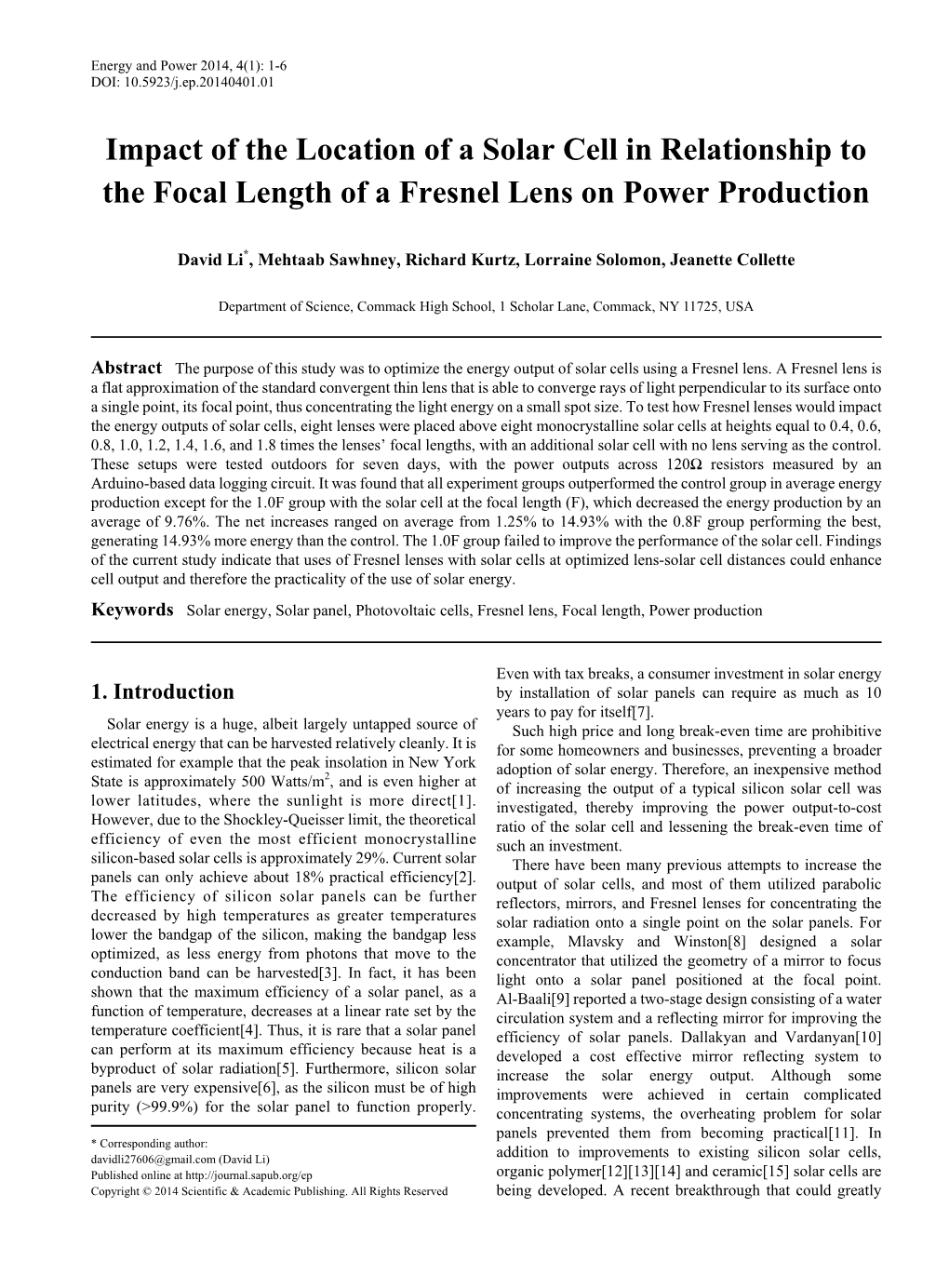 Solar Energy, Solar Panel, Photovoltaic Cells, Fresnel Lens, Focal Length, Power Production