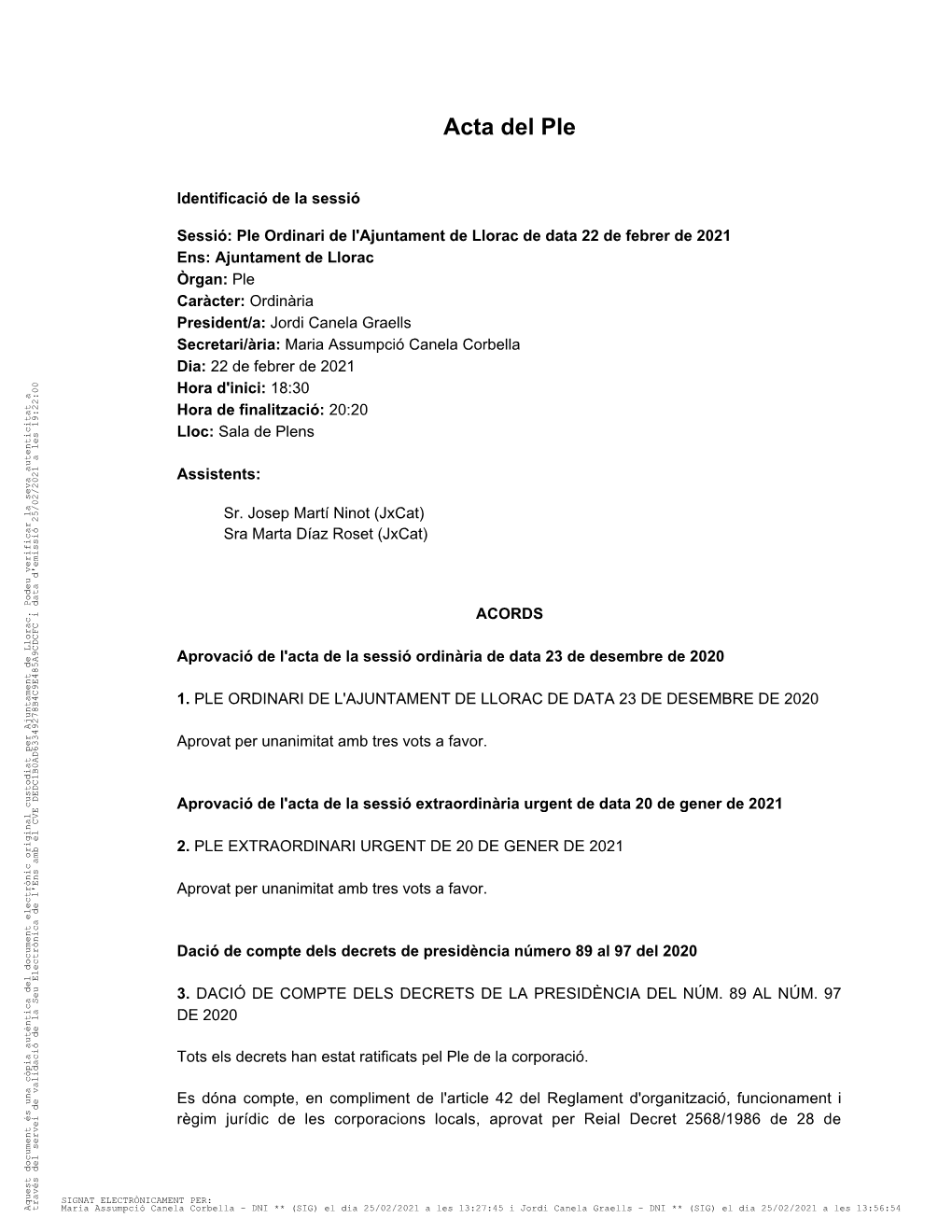 Acta De La Sessió Ordinària De Data 23 De Desembre De 2020