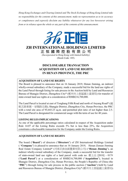 ZH INTERNATIONAL HOLDINGS LIMITED 正 恒 國 際 控 股 有 限 公 司 (Incorporated in Hong Kong with Limited Liability) (Stock Code: 185)