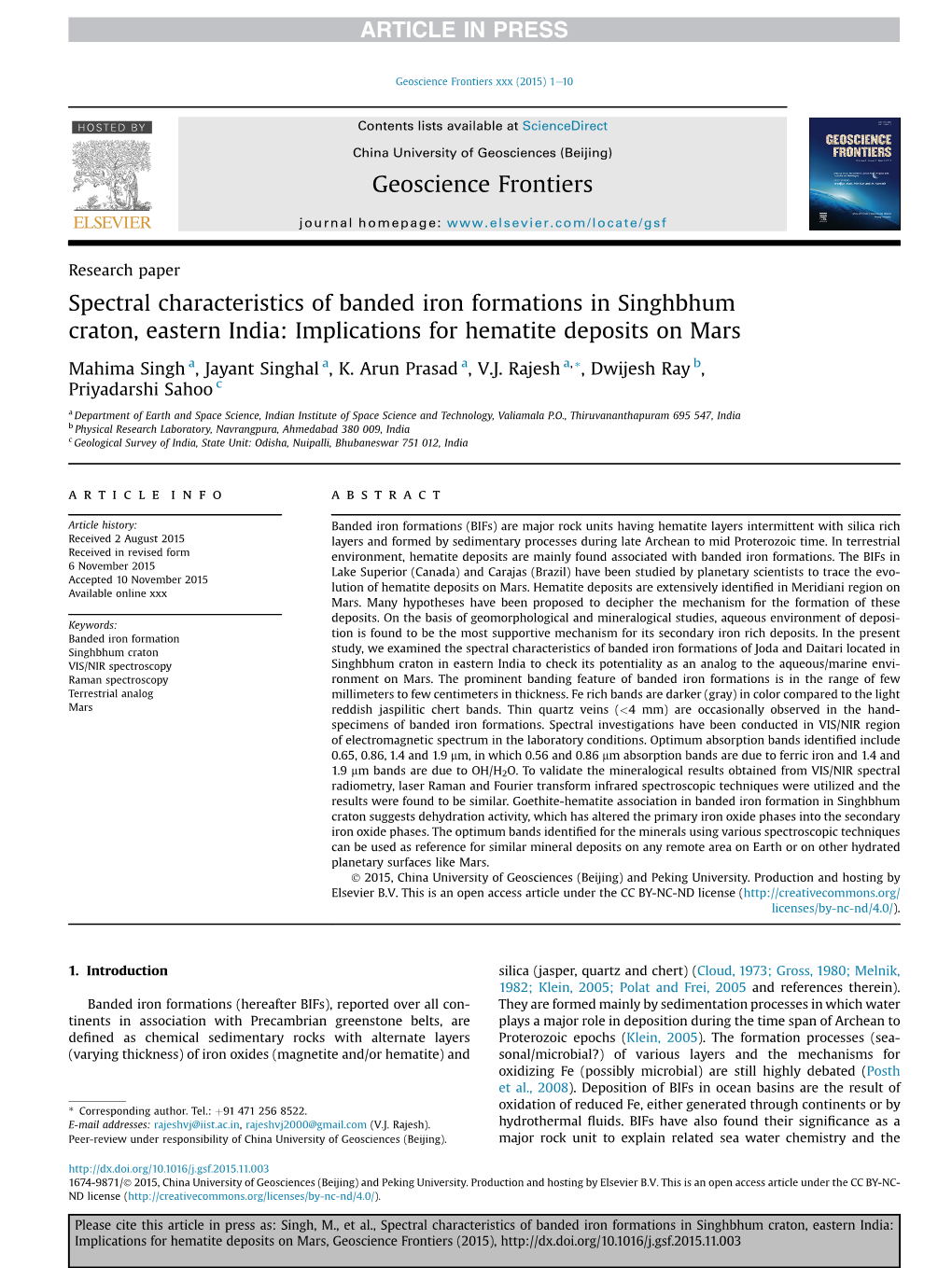 Spectral Characteristics of Banded Iron Formations in Singhbhum Craton, Eastern India: Implications for Hematite Deposits on Mars