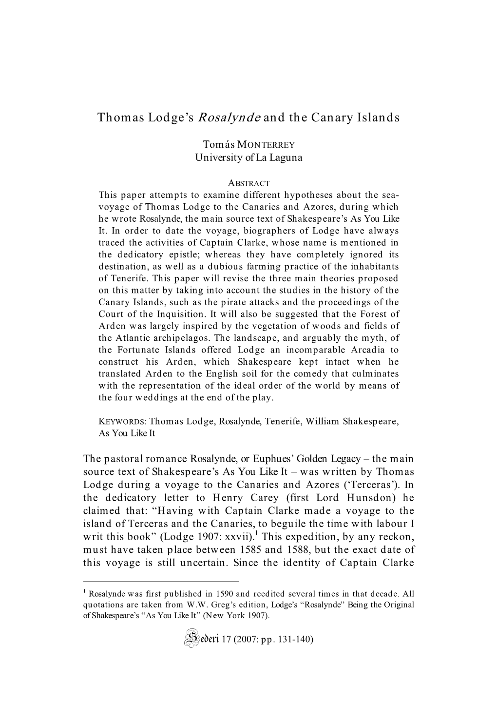 Thomas Lodge's Rosalynde and the Canary Islands