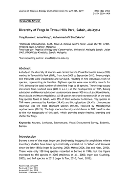 Diversity of Frogs in Tawau Hills Park, Sabah, Malaysia