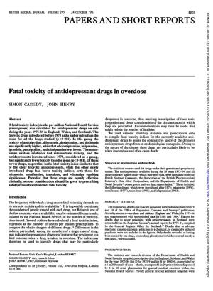 Fatal Toxicity of Antidepressant Drugs in Overdose