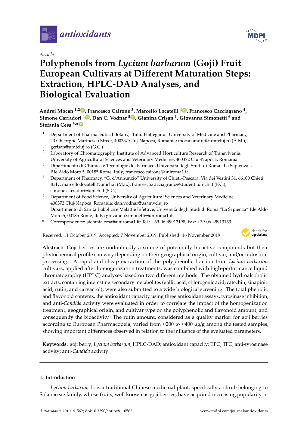 Polyphenols from Lycium Barbarum (Goji) Fruit European Cultivars at Diﬀerent Maturation Steps: Extraction, HPLC-DAD Analyses, and Biological Evaluation