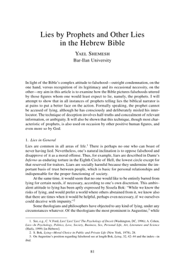 Lies by Prophets and Other Lies in the Hebrew Bible Yael Shemesh Bar-Ilan University