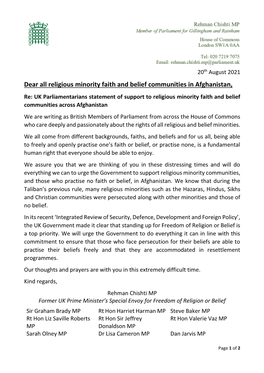 Dear All Religious Minority Faith and Belief Communities in Afghanistan