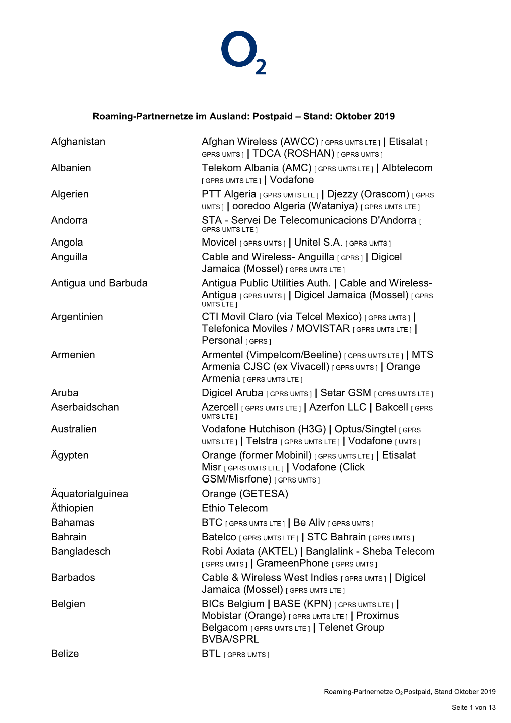 Roaming-Partnernetze Im Ausland: Postpaid – Stand: Oktober 2019
