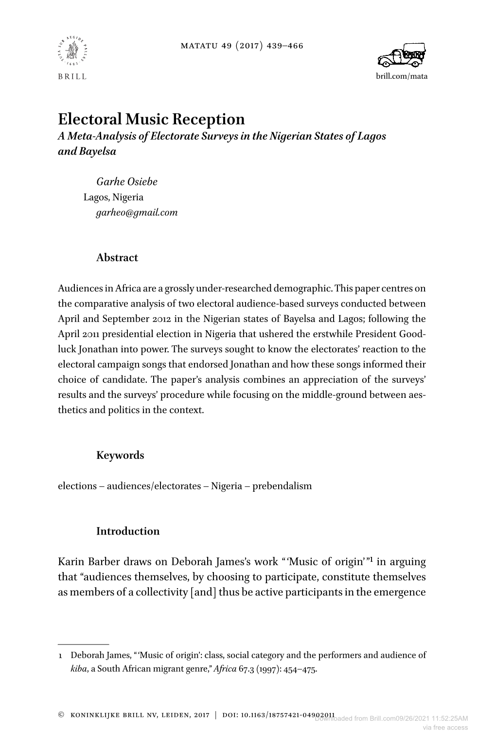 Electoral Music Reception a Meta-Analysis of Electorate Surveys in the Nigerian States of Lagos and Bayelsa