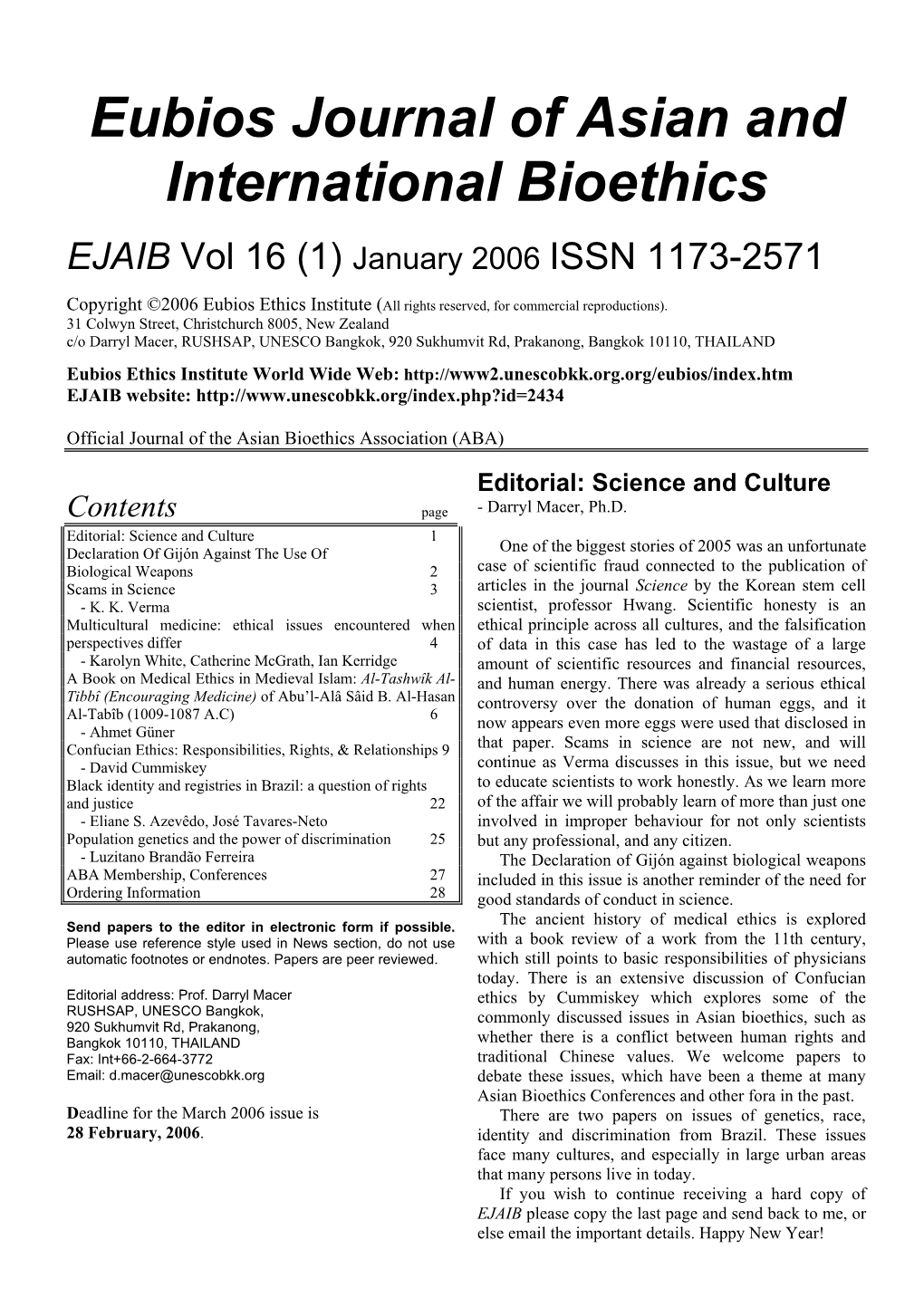 Eubios Journal of Asian and International Bioethics