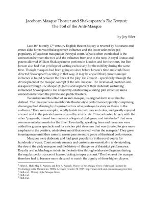 Jacobean Masque Theater and Shakespeare's the Tempest: the Foil of the Anti-Masque