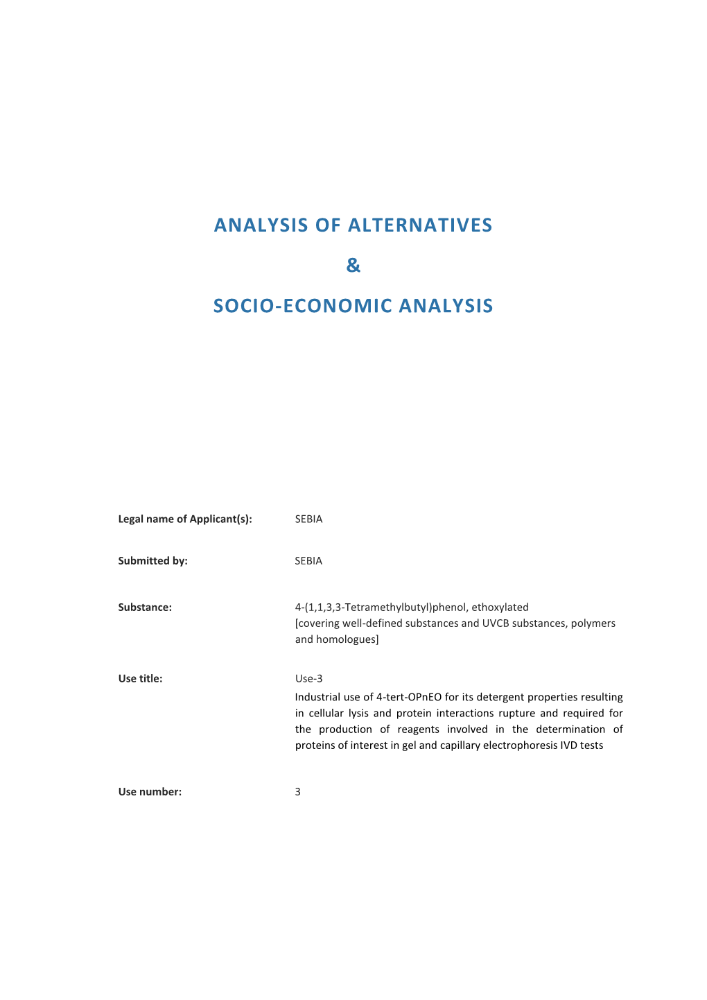 Analysis of Alternatives & Socio-Economic