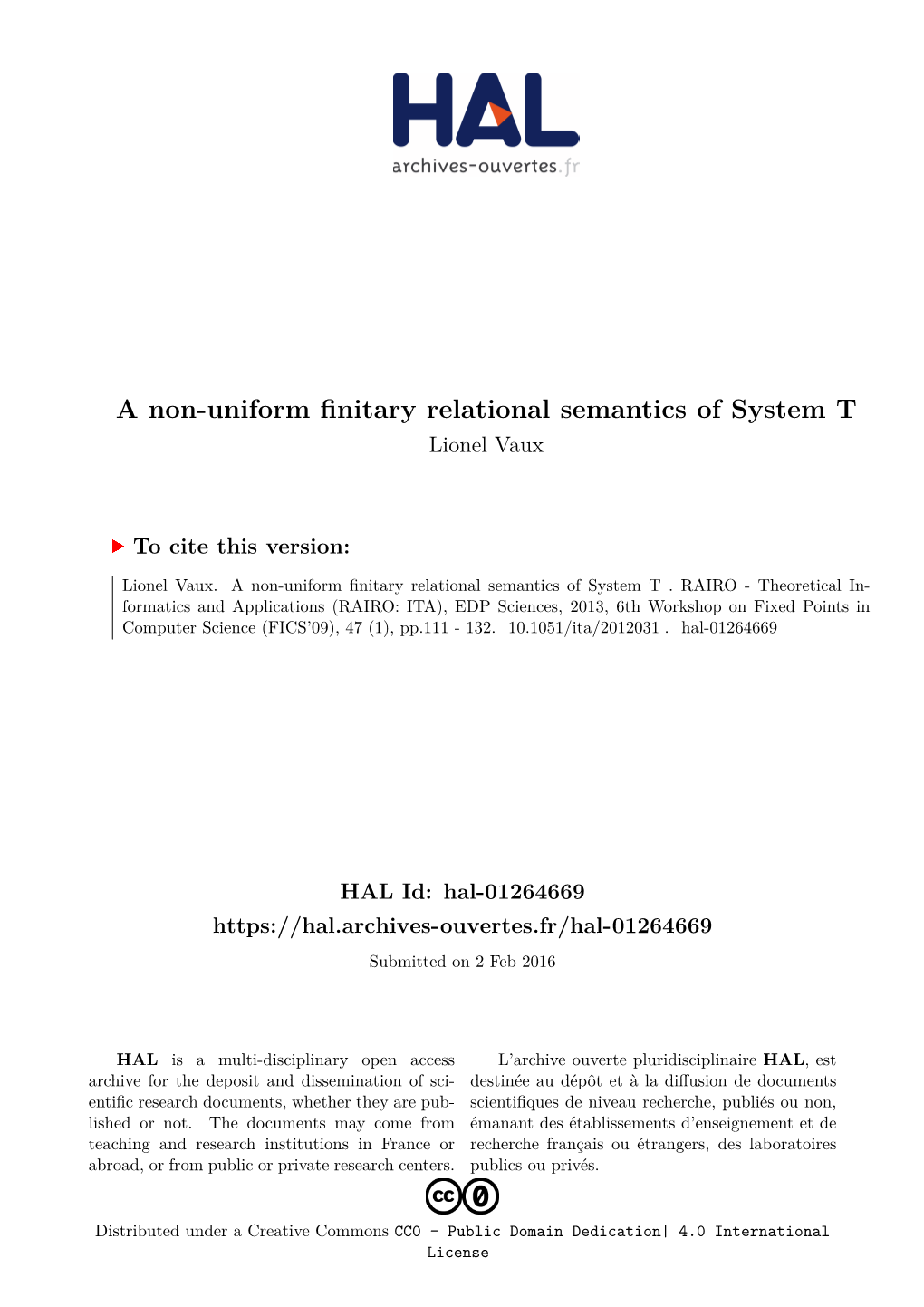 A Non-Uniform Finitary Relational Semantics of System T Lionel Vaux