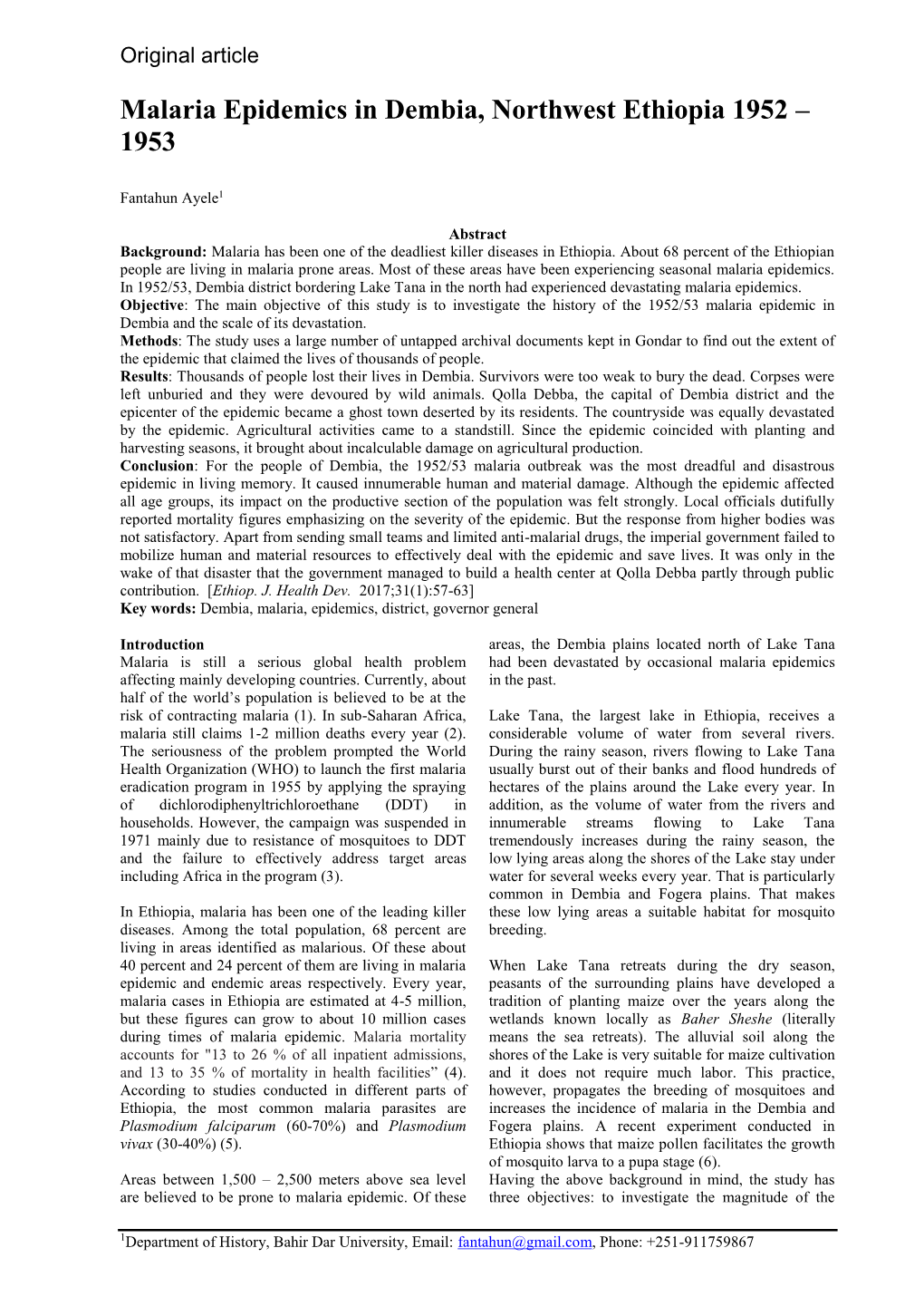 Malaria Epidemics in Dembia, Northwest Ethiopia 1952 – 1953