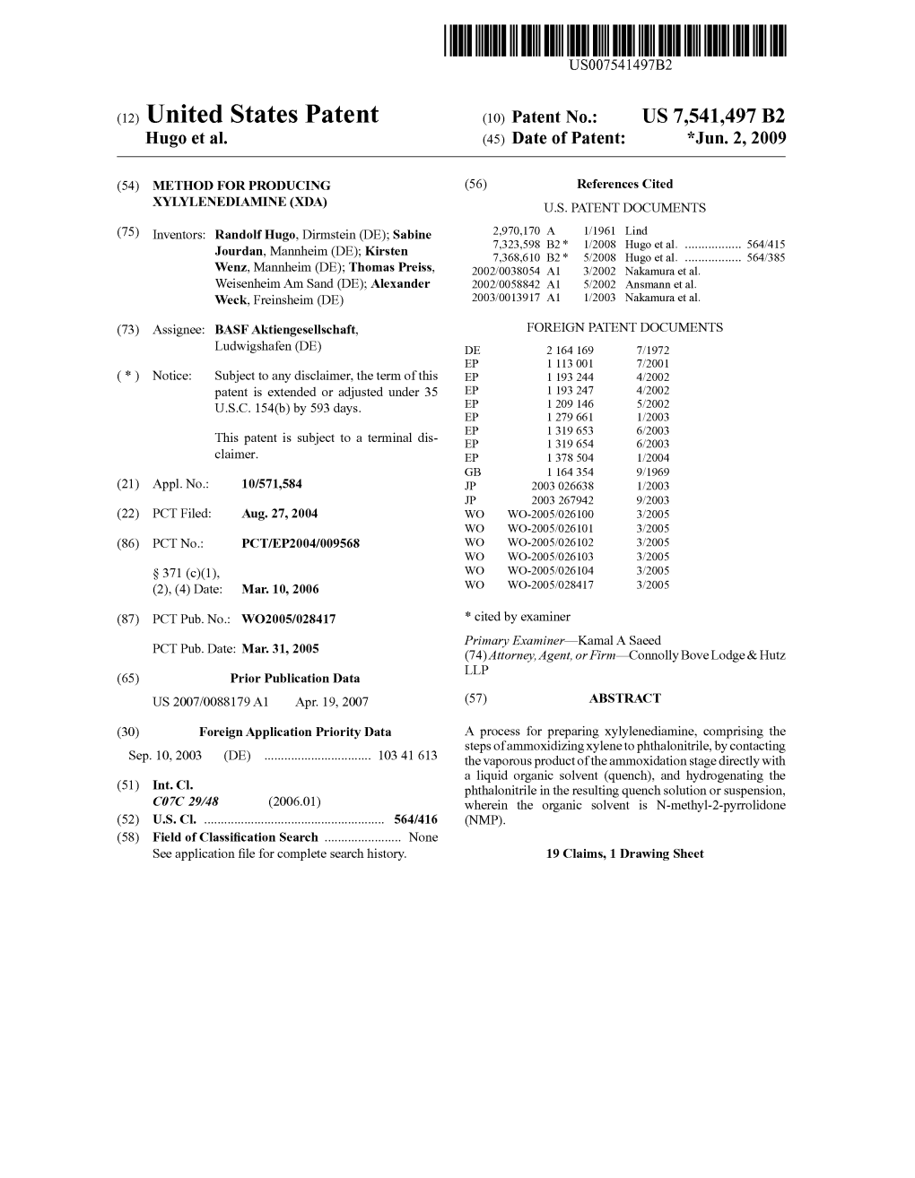 (12) United States Patent (10) Patent No.: US 7,541,497 B2 Hugo Et Al