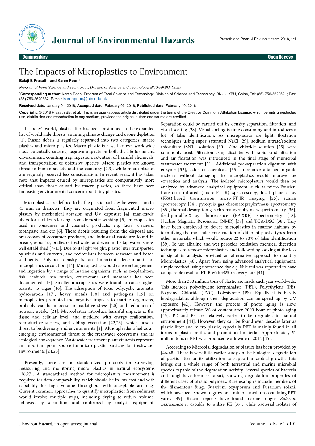 The Impacts of Microplastics to Environment