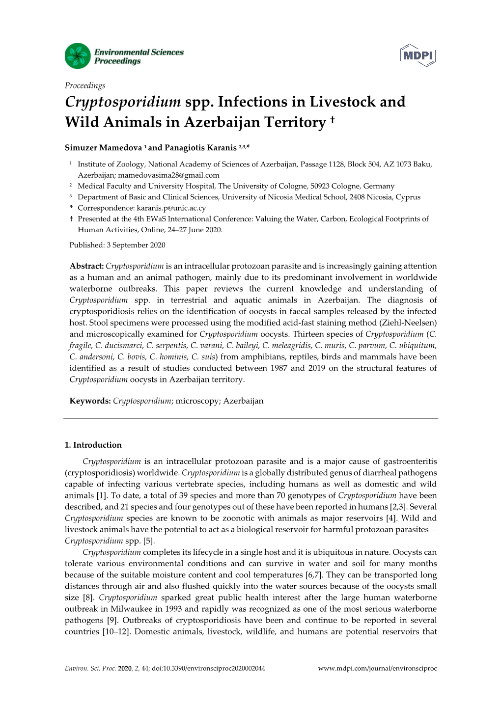 Cryptosporidium Spp. Infections in Livestock and Wild Animals in Azerbaijan Territory †