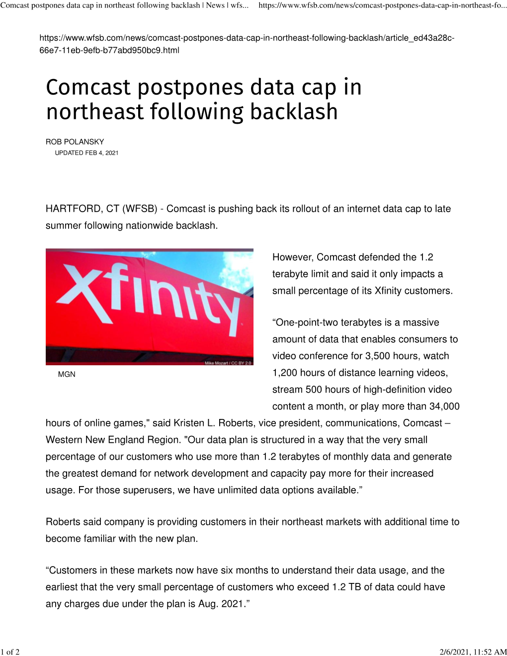 Comcast Postpones Data Cap in Northeast Following Backlash | News | Wfs