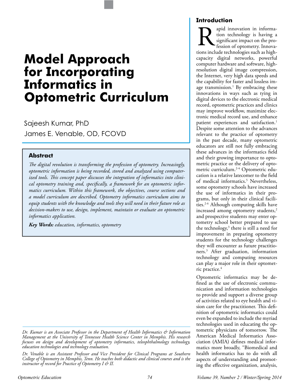 Model Approach for Incorporating Informatics in Optometric Curriculum