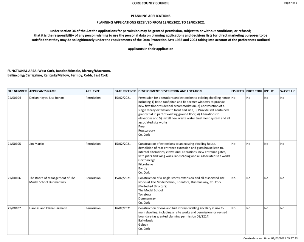 Report Weekly Lists Planning Application Received