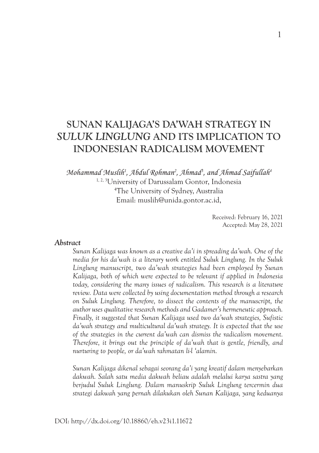 Sunan Kalijaga's Da'wah Strategy in Suluk Linglung and Its Implication To