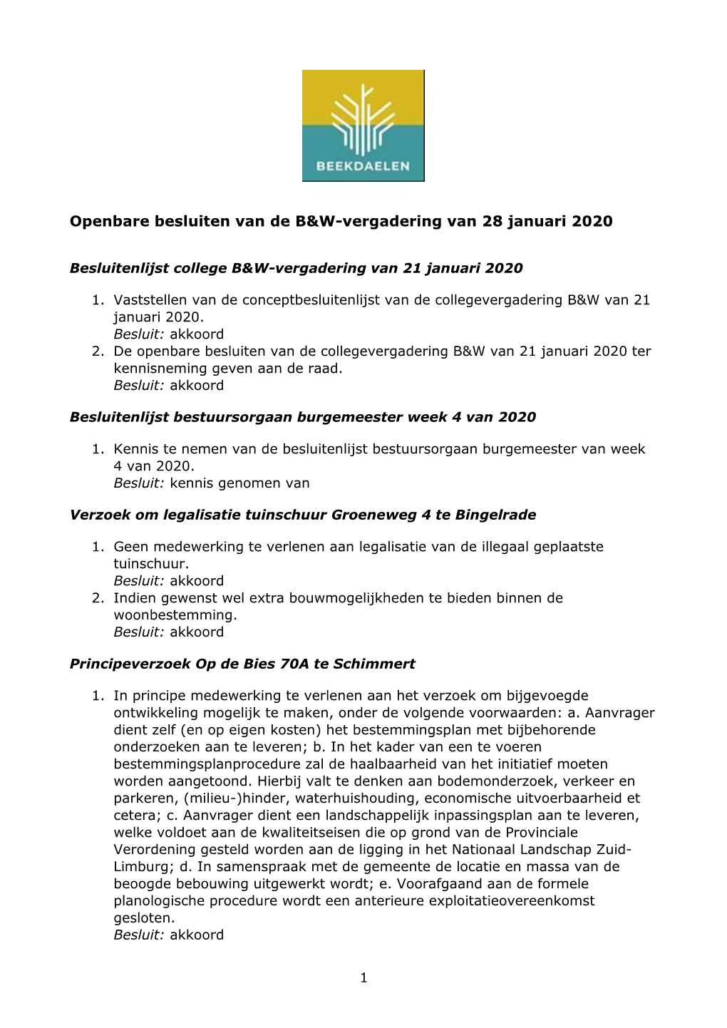 Openbare Besluiten College B&W-Vergadering 28 Januari 2020