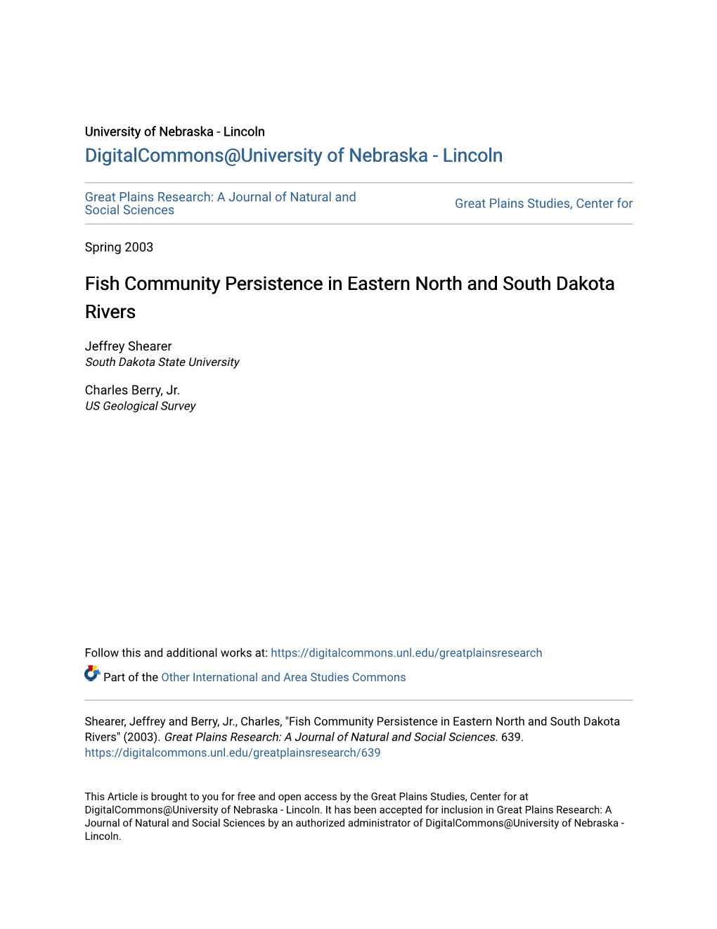 Fish Community Persistence in Eastern North and South Dakota Rivers