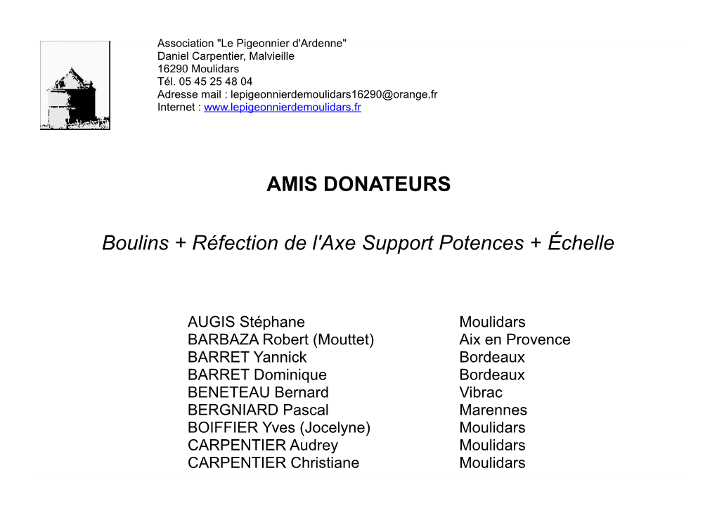 AMIS DONATEURS Boulins + Réfection De L'axe Support