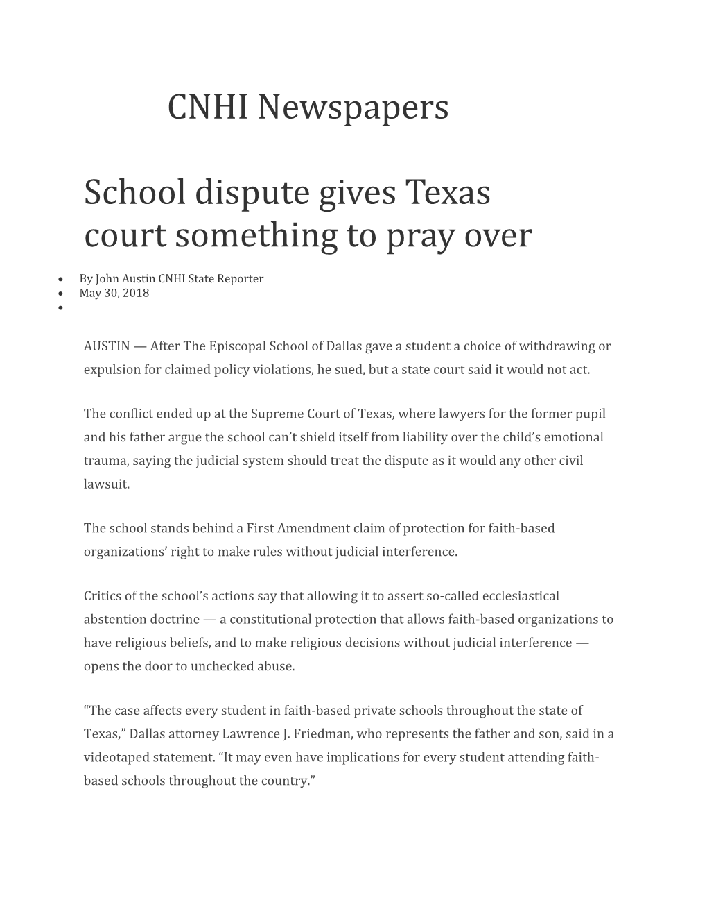 CNHI Newspapers School Dispute Gives Texas Court Something To