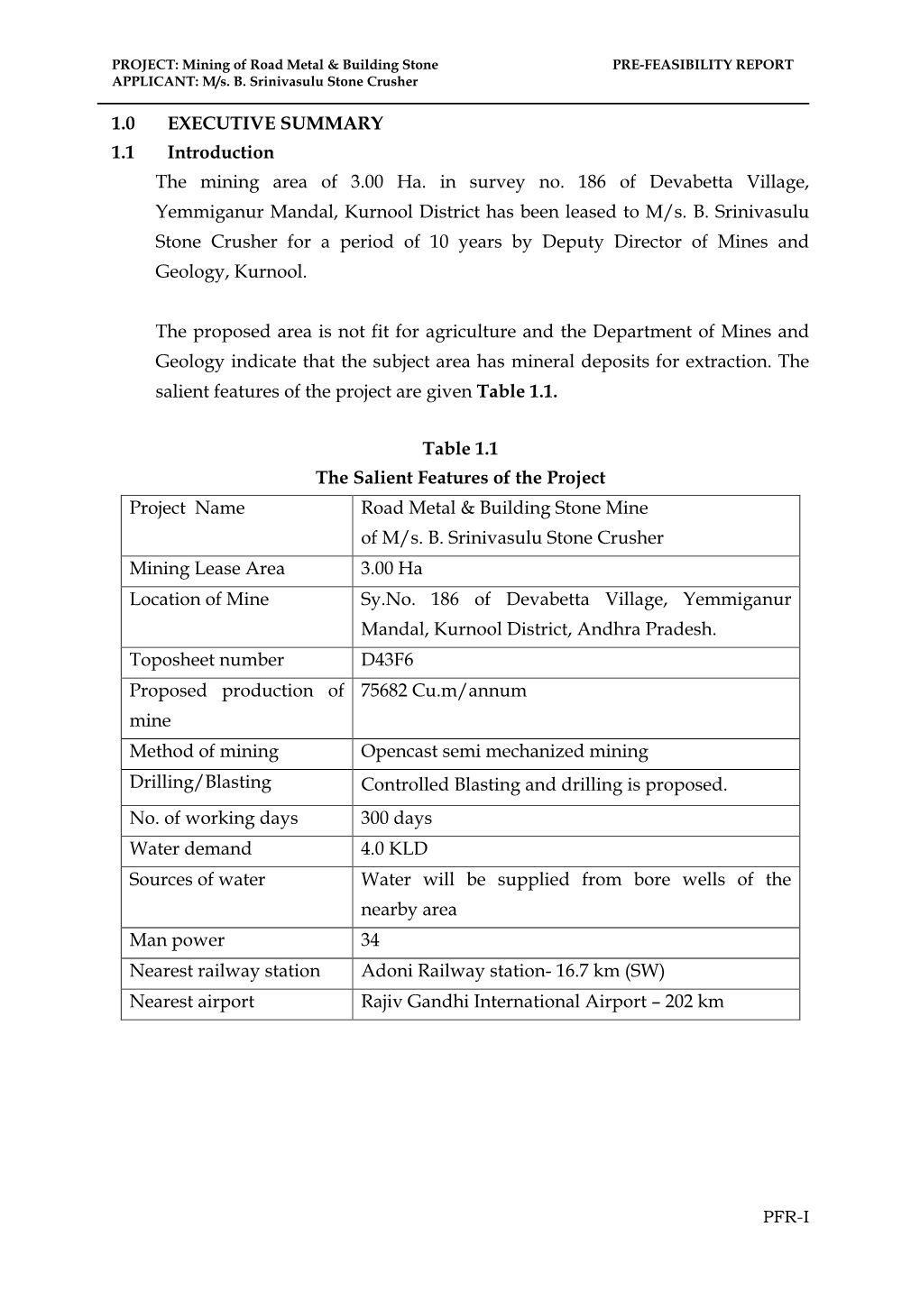 1.0 EXECUTIVE SUMMARY 1.1 Introduction the Mining Area of 3.00 Ha