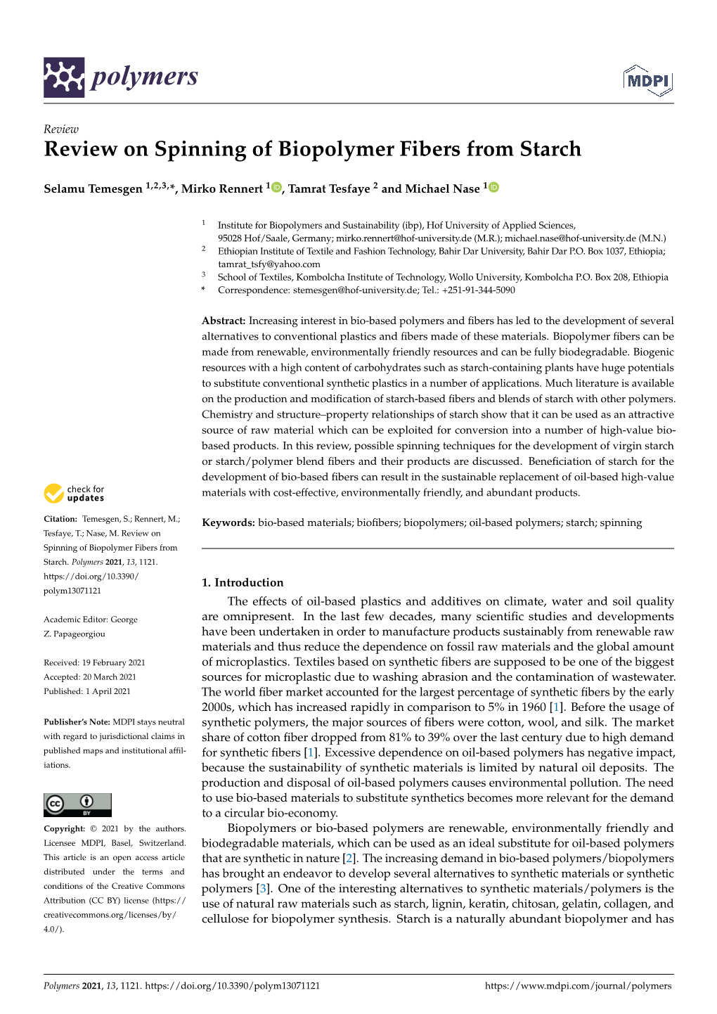 Review on Spinning of Biopolymer Fibers from Starch