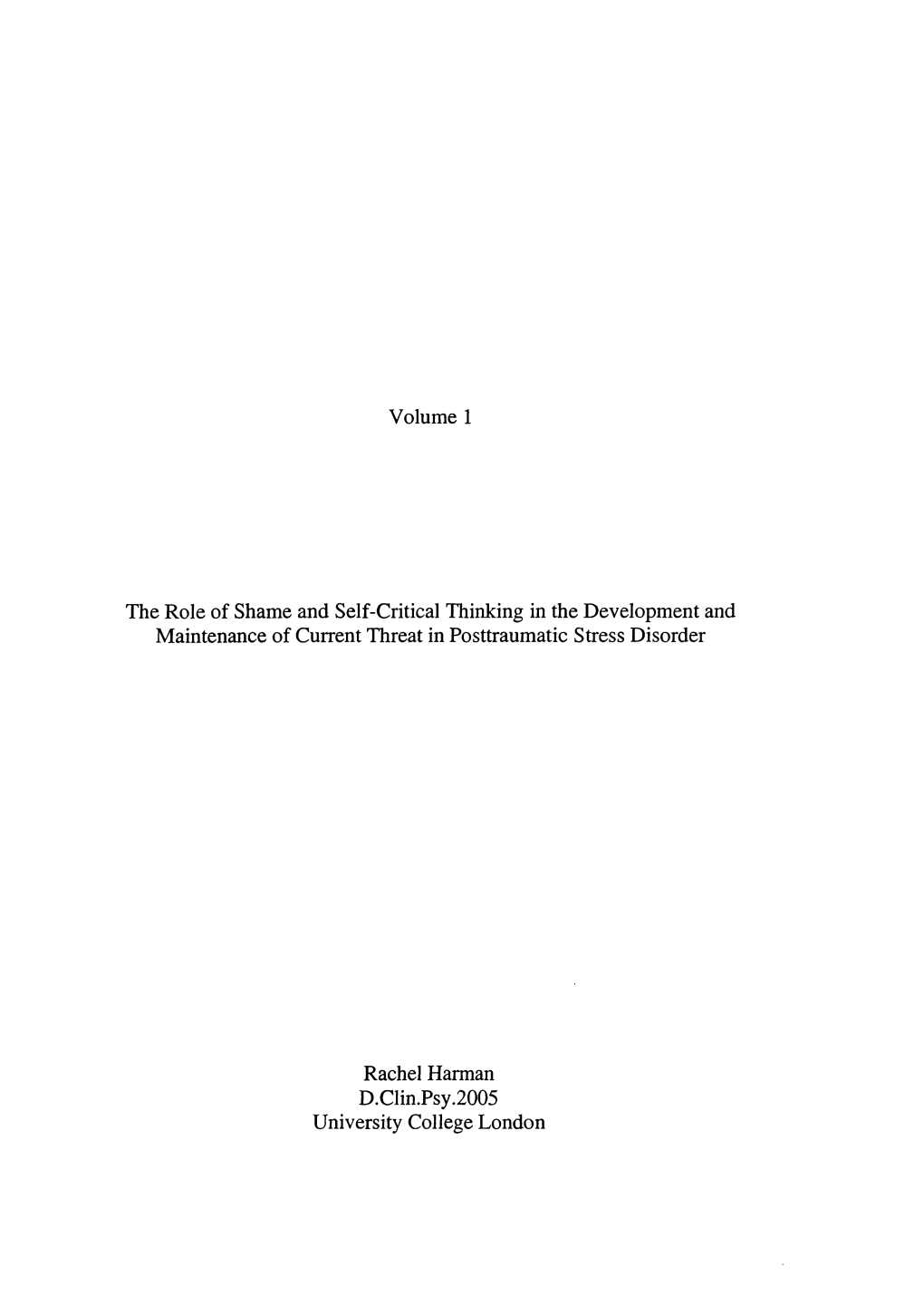 Volume 1 the Role of Shame and Self-Critical Thinking in The