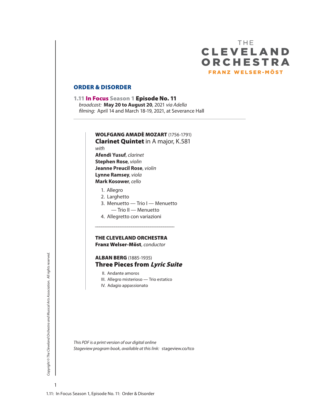 Stageview Program Book, Available at This Link: Stageview.Co/Tco Copyright © the Cleveland Orchestra and Musical Arts Association