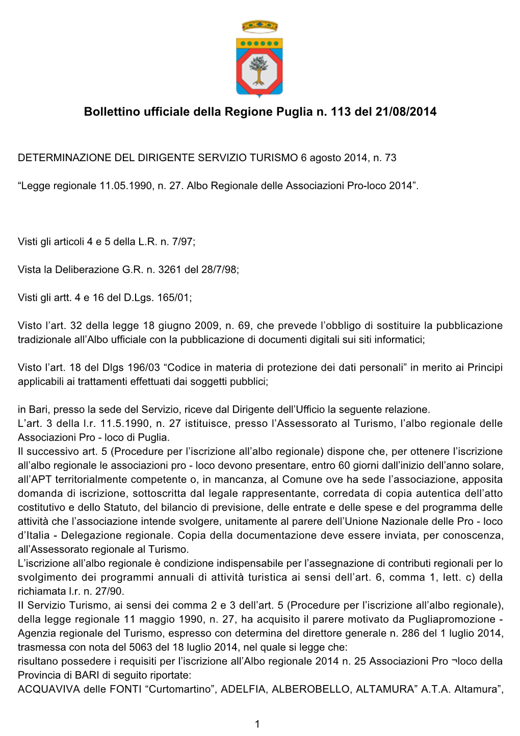 Bollettino Ufficiale Della Regione Puglia N. 113 Del 21/08/2014