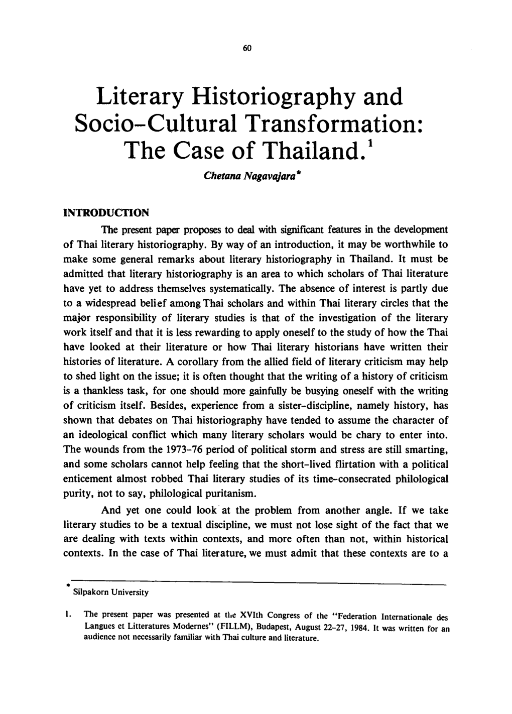 Literary Historiography and Socio-Cultural Transformation: the Case of Thailand