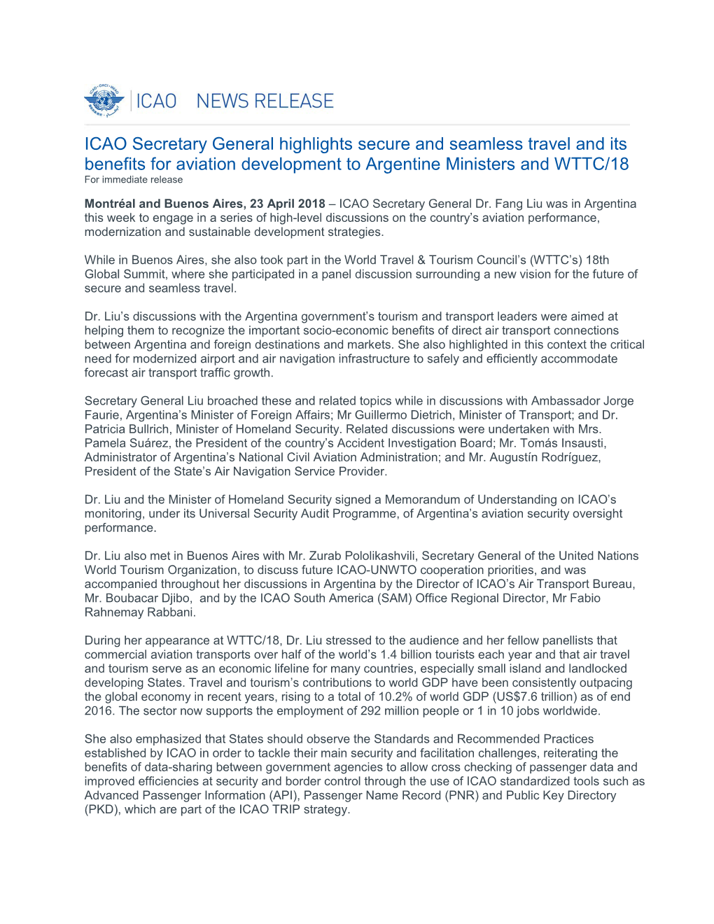 ICAO Secretary General Highlights Secure and Seamless Travel and Its Benefits for Aviation Development to Argentine Ministers and WTTC/18 for Immediate Release