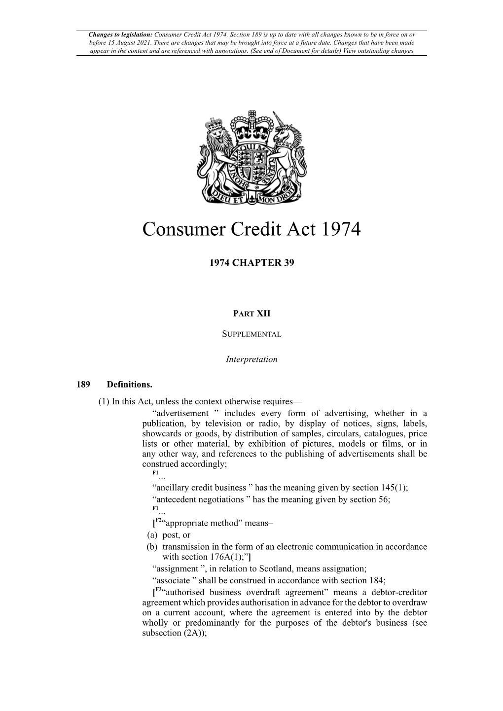 Consumer Credit Act 1974, Section 189 Is up to Date with All Changes Known to Be in Force on Or Before 15 August 2021