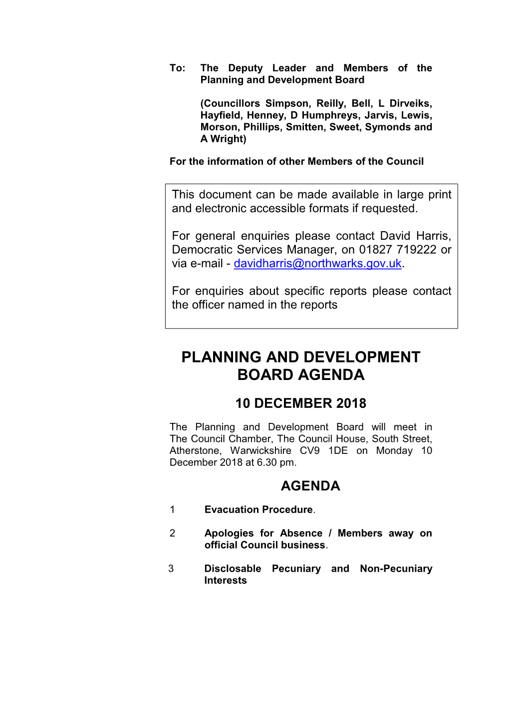 Planning and Development Board Agenda