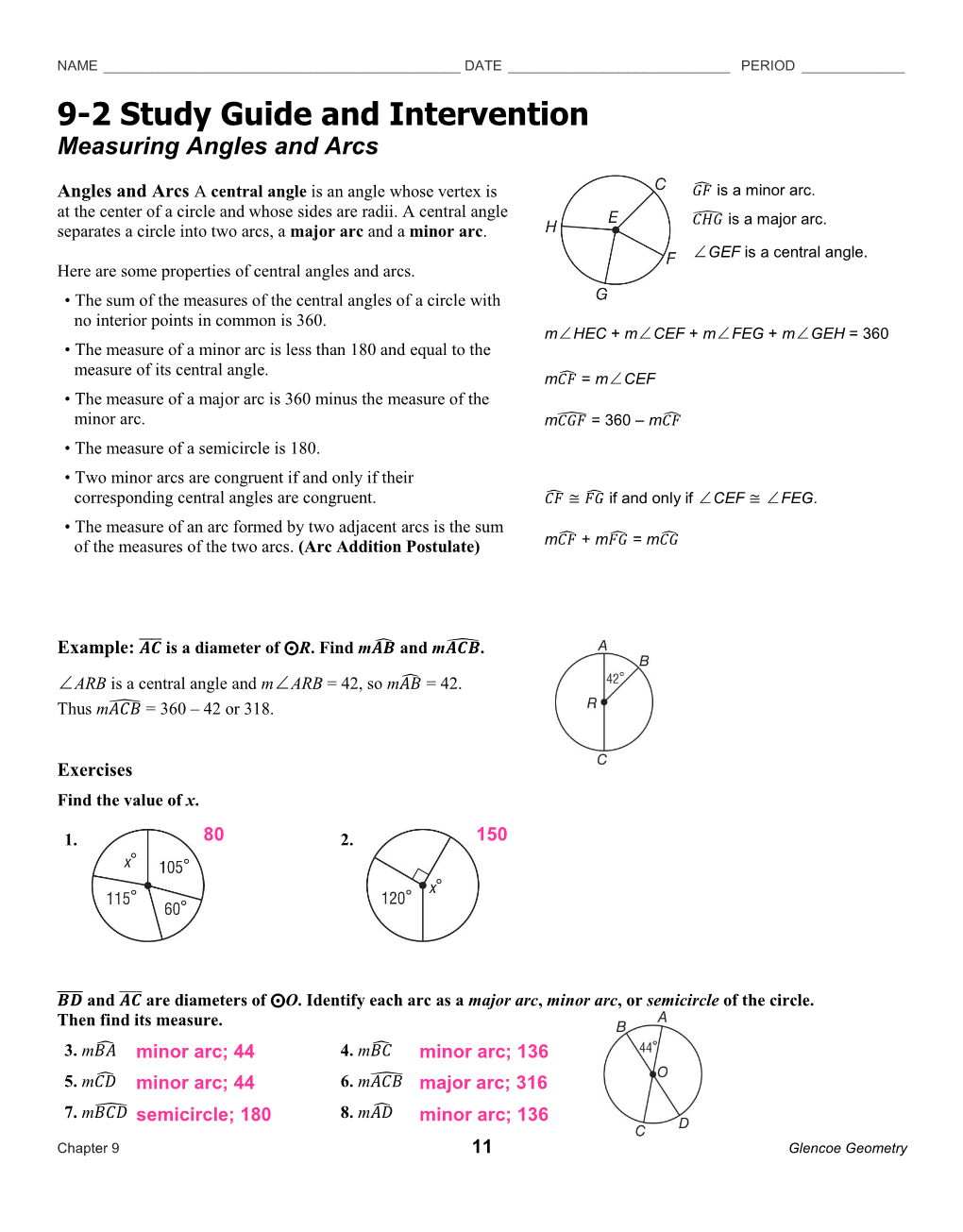 9-2 Study Guide and Intervention Measuring Angles and Arcs