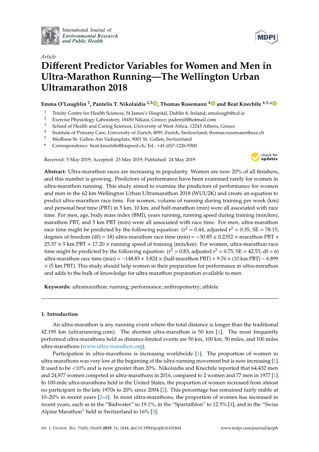 Different Predictor Variables for Women and Men in Ultra-Marathon