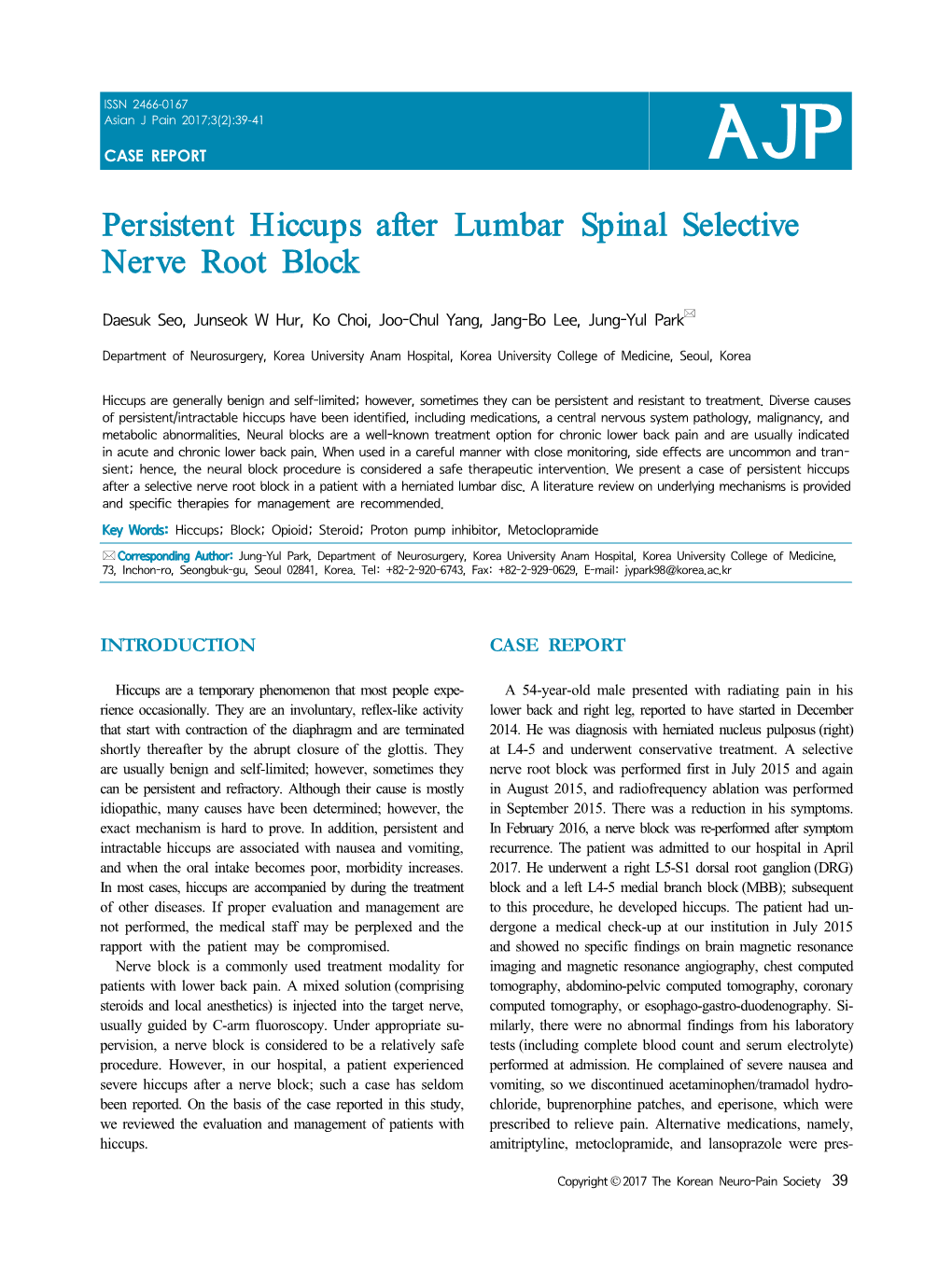 Persistent Hiccups After Lumbar Spinal Selective Nerve Root Block