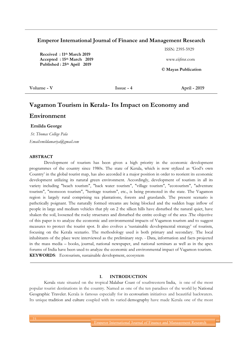 Vagamon Tourism in Kerala- Its Impact on Economy And