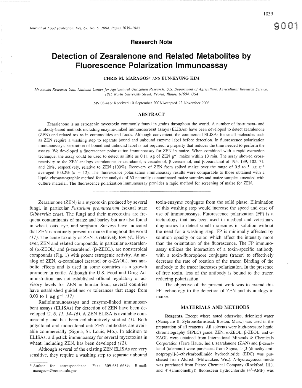 Detection of Zearalenone and Related Metabolites by Fluorescence Polarization Immunoassay