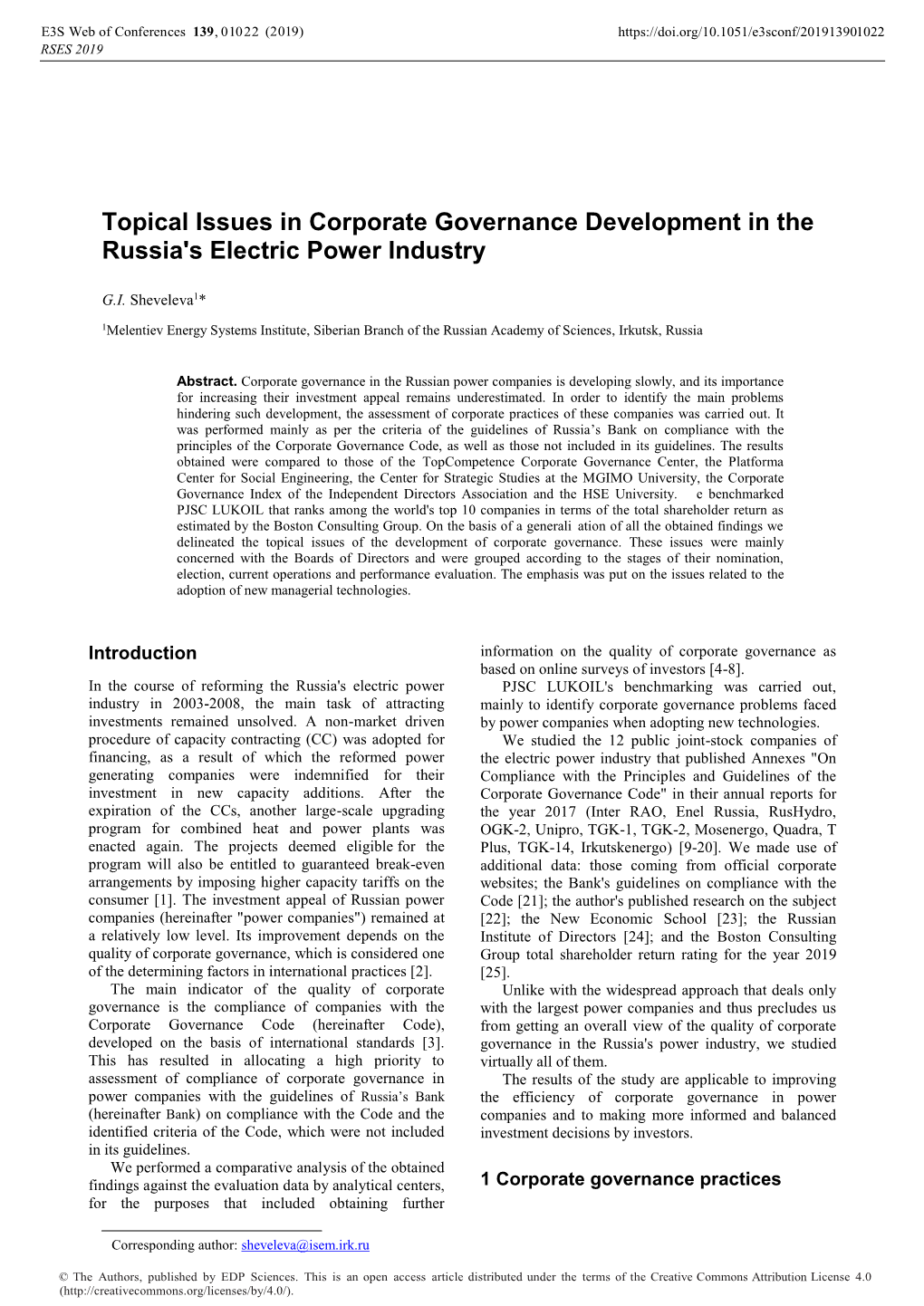 Topical Issues in Corporate Governance Development in the Russia's Electric Power Industry
