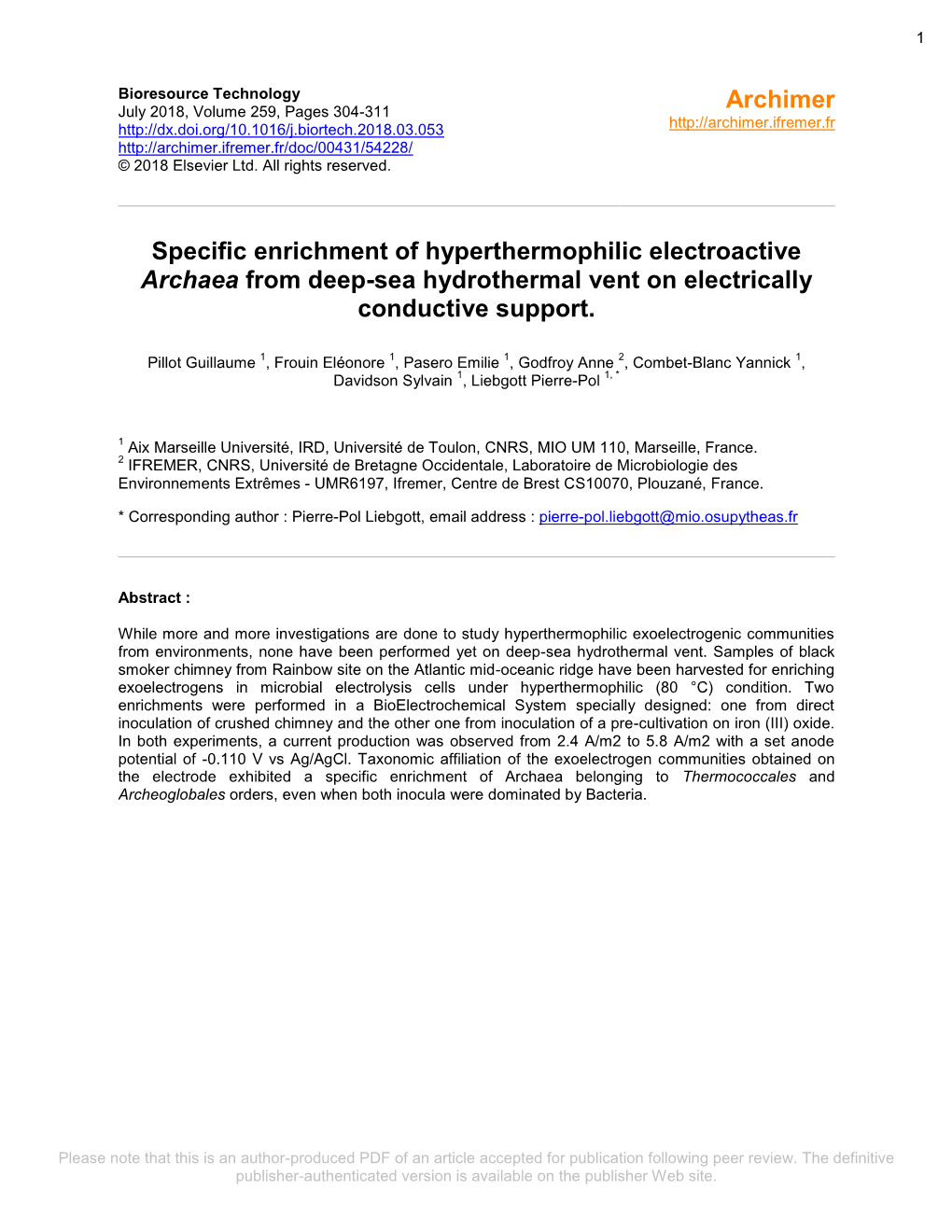 Specific Enrichment of Hyperthermophilic Electroactive Archaea from Deep-Sea Hydrothermal Vent on Electrically Conductive Support