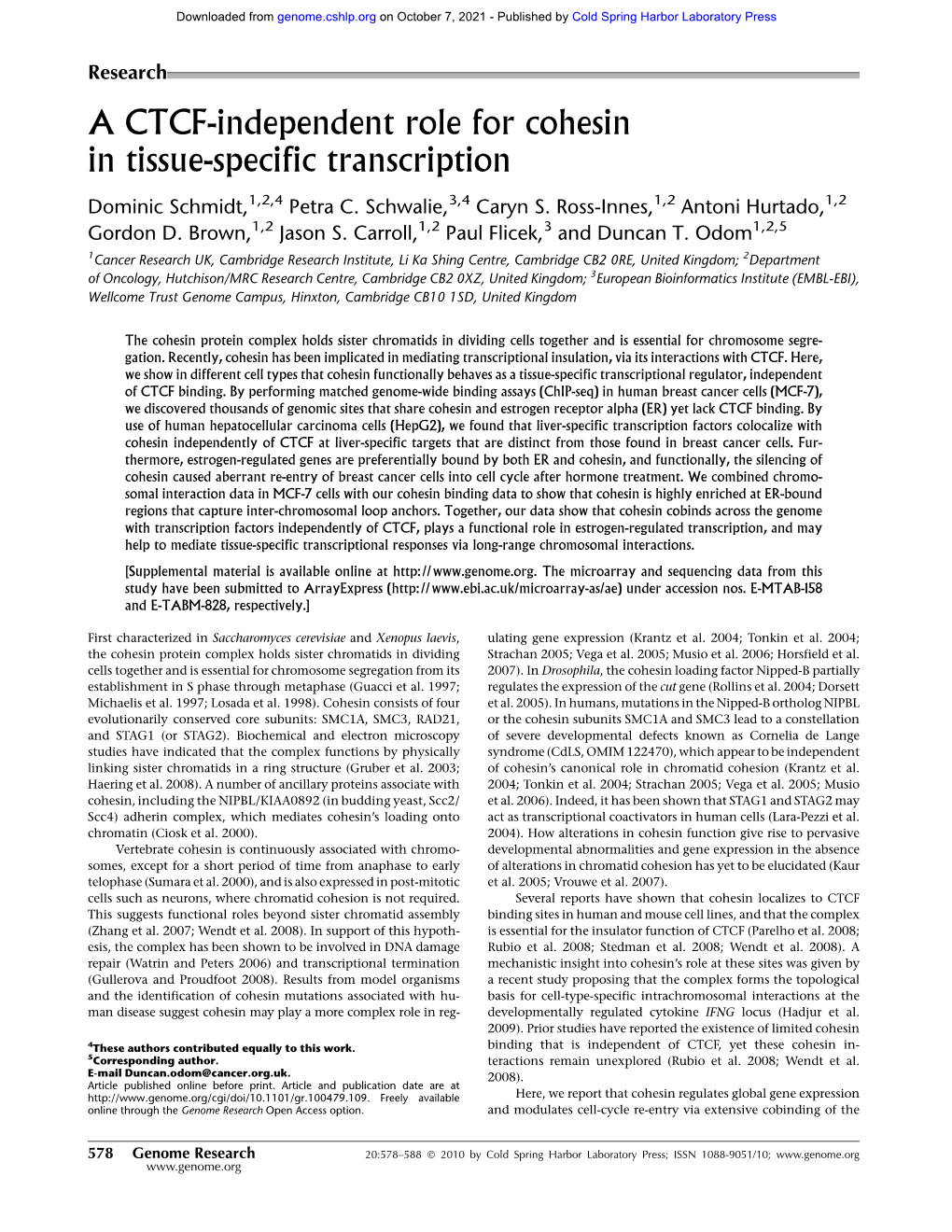 A CTCF-Independent Role for Cohesin in Tissue-Specific Transcription