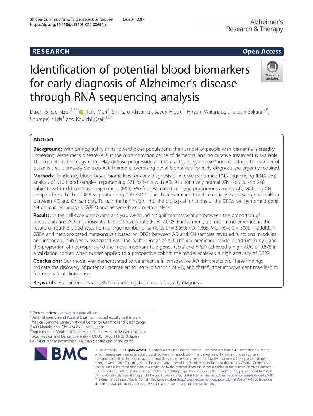 Identification of Potential Blood Biomarkers for Early Diagnosis Of