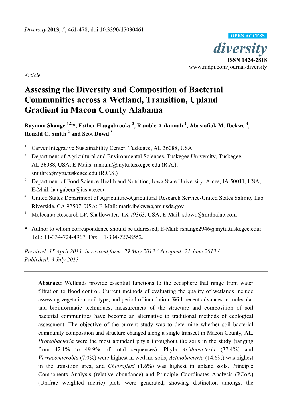 Assessing the Diversity and Composition of Bacterial Communities Across a Wetland, Transition, Upland Gradient in Macon County Alabama