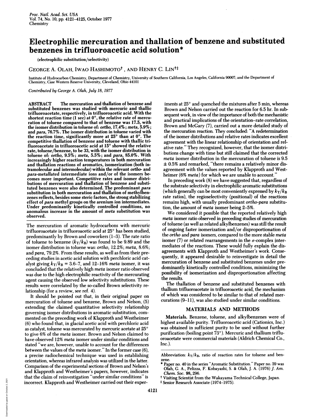 Electrophilic Mercuration and Thallation of Benzene and Substituted Benzenes in Trifluoroacetic Acid Solution* (Electrophilic Substitution/Selectivity) GEORGE A