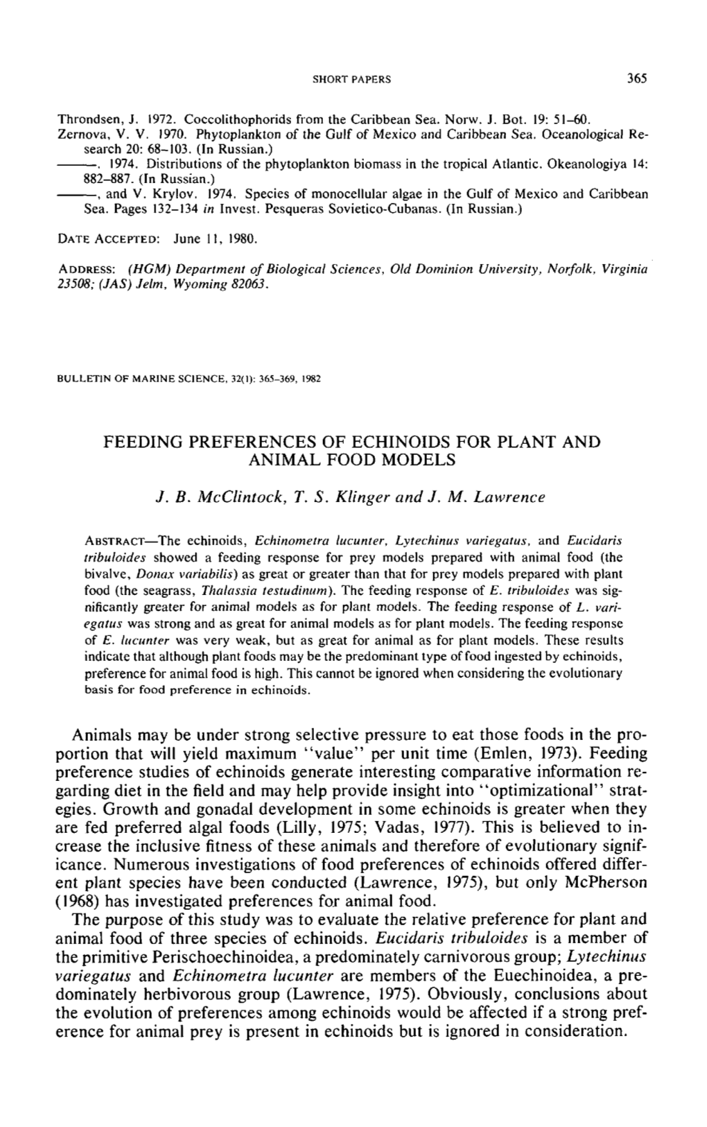 Feeding Preferences of Echinoids for Plant and Animal Food Models